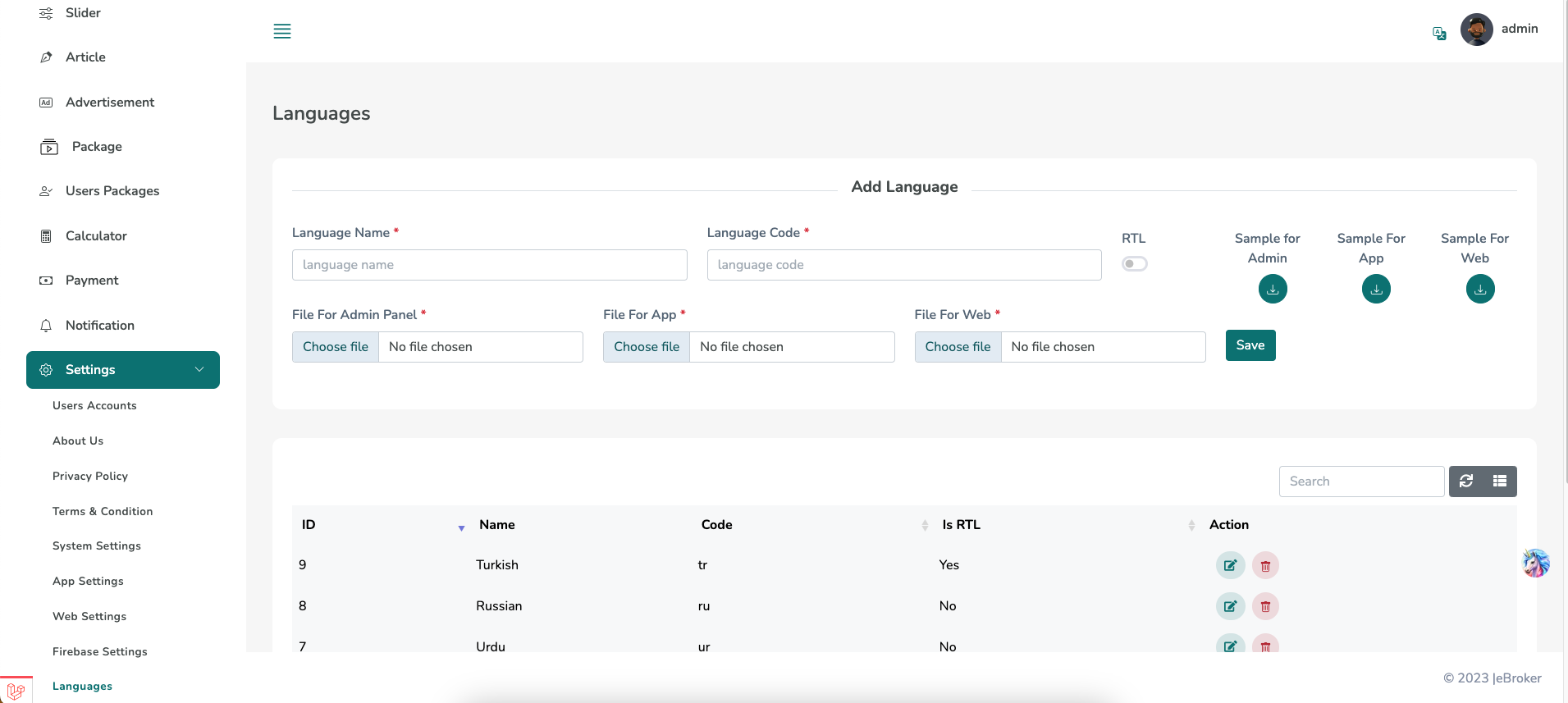 Admin Panel Language